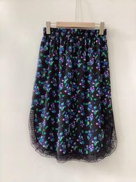 Skirts Silk Green Floral PRINT Asymmetric Midi Skirt Elastic Waist Lace Embroidered Hem Fashion