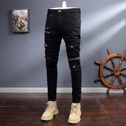 Men's Jeans Street Fashion Black Jeans Men's Elastic Slim Fit Damaged Tear Jeans Zipper Designer Hip Hop Punk Jeans Pencil Pants Men's 230403