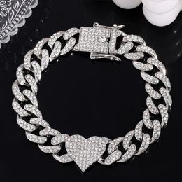 Charm Bracelets 13mm Miami Heart Cuban Link Bracelet For Women Gold Silver Colour Iced Out Bling Hip Hop Jewellery Rhinestones Pave