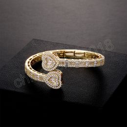 Baguette CZ Heart 6mm Adjustable Cuff Bangle Micro Paved Bling Cubic Zirconia Luxury Hiphop Jewelry Gift