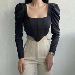 Women's Blouses Women Crop Top Long Sleeve Lady Summer Solid Color Square Collar Irregular Blouse Girdle Bubble Sleeves Female