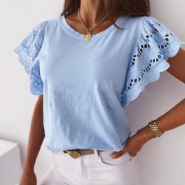 Women s T Shirt Summer Women Hollow Out Stitching Casual O Neck Ruffle Short Sleeve Top Elegant White Black Clothing 230403