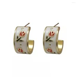 Stud Earrings Enamel Tulip Rose Flower Female Retro Glaze C-Shaped Circle Korean Style Jewellery Accessories