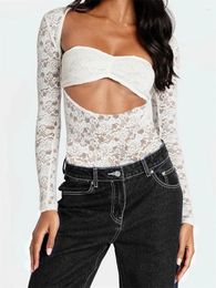 Women's Blouses Women 2 Piece Set Blouse Floral Lace Long Sleeve Cut Out Tops And Bandeau Female Summer Fall Sexy Chic Shirts Aesthetic