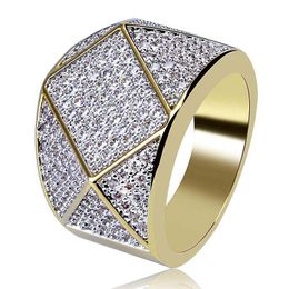Cluster Rings Men's Hip Hop Rapper Luxury CZ Rhinestone Gold Color Iced Out Bling Geometric Square Men Signet Ring Jewelry 7-11Cluster C