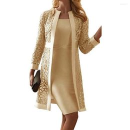 Work Dresses 1 Set Women Coat Dress Elegant Long Sleeve Lace Outwear Solid Colour O Neck Vestidos Sets For 2023 Wedding