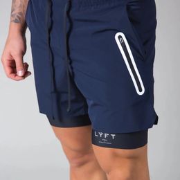 Men's Shorts Summer Running Shorts Men's Gym Jogging Fitness Training Quick Dry Bodybuilder Men's 2 in 1 Navy Blue Casual Shorts 230403