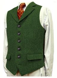 Men's Vests Suit Vest Green Herringbone Wool Tweed Full Tailored Collar Male Gentleman Business Waistcoat For Wedding Groom Brown