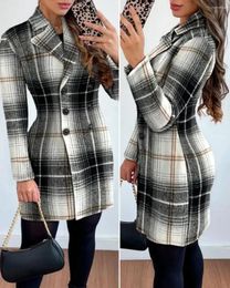 Casual Dresses Autumn Winter Plaid Woolen Coat Dress Women Causal Office Ladies V-neck Double Breasted Slim Woman