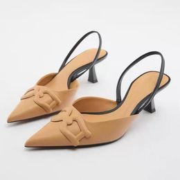 Metal Slippers Fashion Buckle Mules Thin High Heel Slingback Sandals Women Pointed Toe Ankle Strap Shoes For Party Dress de