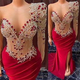 Real Photos Mermaid Aso Ebi Plus Size Prom Dresses One Shoulder Beaded Long Sleeves Crystals Rehinestone Side Split Sequined Evening Dress Gala Occasion Gowns