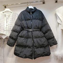 Women's Trench Coats Style Rhinestone Beaded Belt Cotton Clothes 2023 Winter Mid-length Thick Parka Coat Korean Warm Jacket