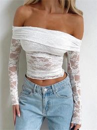 Women's Blouses Women Off Shoulder Lace Blouse Spring Summer Long Sleeve Slim Fit Crop Tops Casual Sexy Elegant Chic Shirts