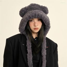 Berets Korean Version Thickened Plush Strap Bomber Hat Autumn And Winter Ins Fashion Warm Cute Bear Ears Knitted Women's Caps