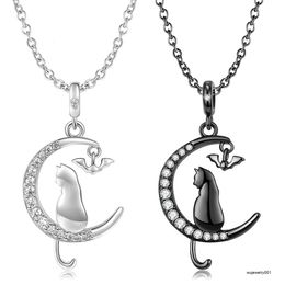 Moon Cat and Bat Necklace Pendant with Clear Zirconia Authentic 925 Sterling Silver for Women Necklace Jewellery Wholesale