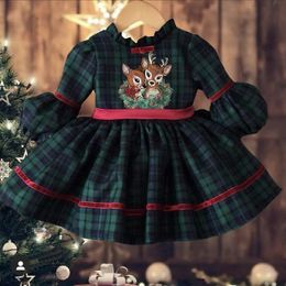 Girl's Dresses 0-12Y Baby Girl Autumn Winter Green Plaid Deer Embroidery Vintage Spanish Princess Ball Gown Dress for Christmas Eid Causal 230403