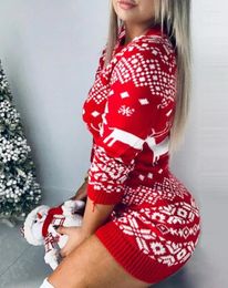 Lässige Kleider Elegante Damen Mini 2023 Wintermode Süße Rundhalsausschnitt Weihnachten Rentier Mischdruck Hässliches Pulloverkleid