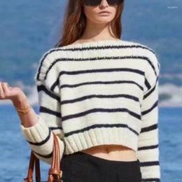 Women's Sweaters 23 Autumn Fashion Black White Striped Sweater Elegant O Neck Contrast Colour Casual Loose Knit Pullover Female Soft Cropped