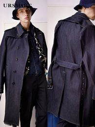 Men' Blends Classic long denim trench coat for men indigo pure cotton non fading double breasted waist fitting thickened jacket 231102