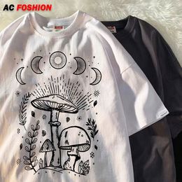 Men's Tank ops men's shirt Harajuku Sun Moon Mushroom Print Shirt Streetwear Casual O Neck Short Sleeve Female Oversized 230403