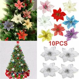 Christmas Decorations 10Pcs Glitter Artificial Poinsettia Flowers For Tree Deco DIY Ornaments Home Wedding Xmas Party Supplies