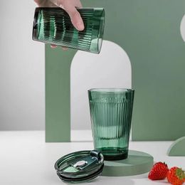 Mugs 450ml Nordic Glass Cup With Straw And Lid Dark Green Drinking Utensil Coffee Cup Wine Milk Beer Cola Juice Cold Drinkware Wholesale