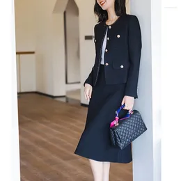 Two Piece Dress Black Acetate Fiber Blazers Set Autumn Women Luxury Collarless Skirts Suits Xiaoxiangfeng Jacket Suit Button Long Sleeves