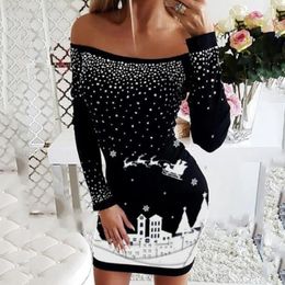 Casual Dresses Fashion Autumn Winter Women Dress Christmas Long Sleeve Slim Off Shoulder Year Festival Xmas Print Sexy Hip Wrap Mini