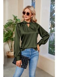 Women's Blouses Fashion Women Solid Colour Blouse Hollow Out Design Button Decor O-Neck Long Sleeve Loose Pullovers Satin Top