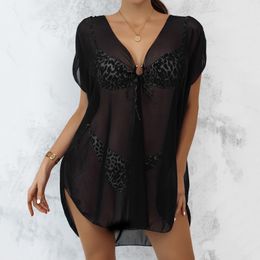 Women's Swimwear Sxey Short Sleeve See Through Top Women Mesh Sheer Tunic Beach Cover Up Female Beach Cover-ups Dress Beachwear 230403