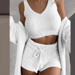 Women's Tracksuits Winter Plush Home Wear Casual 3-piece Pyjama Long Sleeved Open Navel Vest Shorts Set 2 Piece Sets Womens Outfits 2023