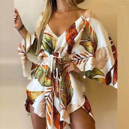 Casual Dresses Summer Dress Fashion Women Autumn V-neck Printing Loose Comfy Short Sleeve Robe Femme ete Y2k Vestido De Mujer327C