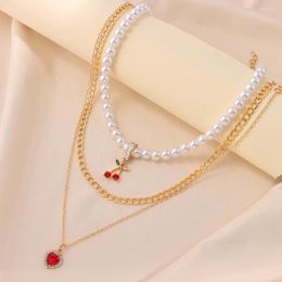 Chains Red Crystal Cherry Heart Pendant Pearl Choker Necklace For Women Multilayer Golden Metal Chain Trendy Statement Jewellery