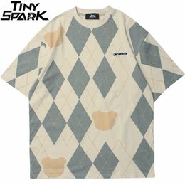 Men's T-Shirts Hip Hop Mens Streetwear T Shirt Embroidery Argyle Bear Hand Tshirt Summer Harajuku Cotton T-Shirt Short Sleeve Tops Tees 230403