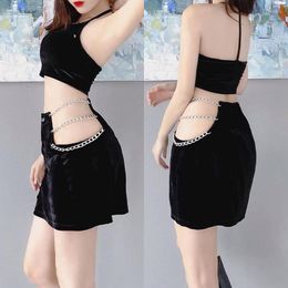 Work Dresses Women Halter Tanks Skirt Chain Decoration Skinny Fit High Waist Navel Summer Clothing