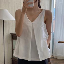 Women's Blouses V Neck Tanks Camis Blusas Mujer De Moda 2023 Loose Tank Tops Pleated Solid Sleeveless White Shirt Casual Shirts