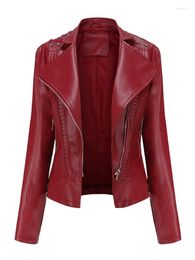 Women's Jackets 6637 Spring Fall Fashion Women's Solid Colour Rivet Zipper PU Leather Jacket Female Long Sleeve Slim Fit Thin Motorcycle
