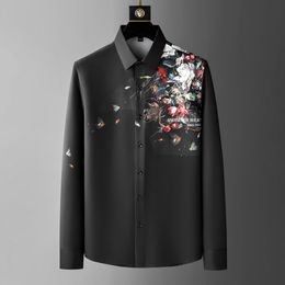 2023 Spring Flower Rhinestone Shirts Men Slim Fit Casual Shirts Long Sleeve Business Dress Shirts Streetwear Social Party Tuxedo