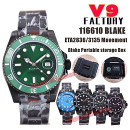 V9 Factory Watches V9F 116610 Blaken 40 mm 904L Datum Schwarz PVD ETA2836/3135 Automatik Herrenuhr Grün / Schwarzes Zifferblatt DCL Schwarz PVD Armband Herren Armbanduhren Blaken Box