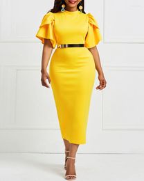 Casual Dresses TSXT 2023 African Style Women Solid Colour Flying Sleeves Slim Fit Dress Elegant Lady O-neck Without Belt