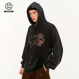 Designer Luxury Chaopai Classic BEASTER Little Devil Ghost Face Water Wash Sweater Street Trend Old Fashion Loose Hooded Top Men