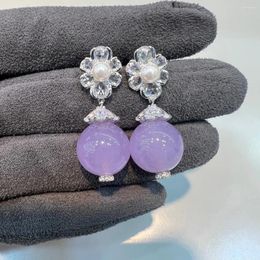 Dangle Earrings Natural Purple Round Jadeite Beads 925 Sterling Silver Women Cultured Easter Valentine's Day Thanksgiving Mother's