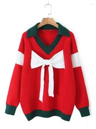 Women's Sweaters Cute Lady White Knitted Bow Decoration Red Loose Pullover Tops Autumn Girls V-Neck Long Sleeve Elastic Patchwork