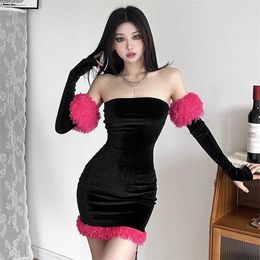 Casual Dresses Autumn Winter Party Dress Vintage Sexy Slim Bodycon Velvet For Women Contrast Colour Fur Vestidos With Separate Sleeves