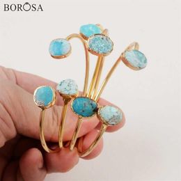 Borosa Natural Blue Stone Hand Cuff Bangle Irregular Gold Colour Natural Turquoises Bangles for Women Bracelets Charms Cl260 Q0719323p