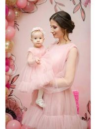 Family Matching Outfits Pink Tulle Dress For Mother And Daughter Tiered Pleated Knee Length Women Girls Po Shoot Birthday Party Custom Made