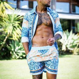 Men's Tracksuits Summer Men's Blue And White Porcelain Printing Beach Holiday Hawaii Long-Sleeve Shorts 2 Piece Set Shirt Suit 2023