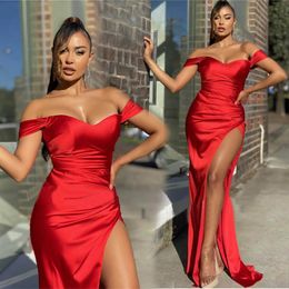 Off-Shoulder Mermaid Evening Dresses Formal Prom Party Gown Floor-Length Sweep Train Satin long Thigh-High Slits Red Custom