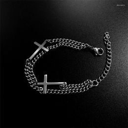 Charm Bracelets Fashion Double Cross Hollow Stainless Steel Wrist Lobster Claw Clasp Bracelet Hip Hop Punk Party Mens Jewellery