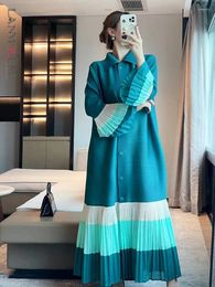 Casual Dresses LANMREM Pleated Long Dress For Women Lapel Flare Sleeves Single Breasted Color Block Patchwork Elegant Clothing 2023 2DA2037